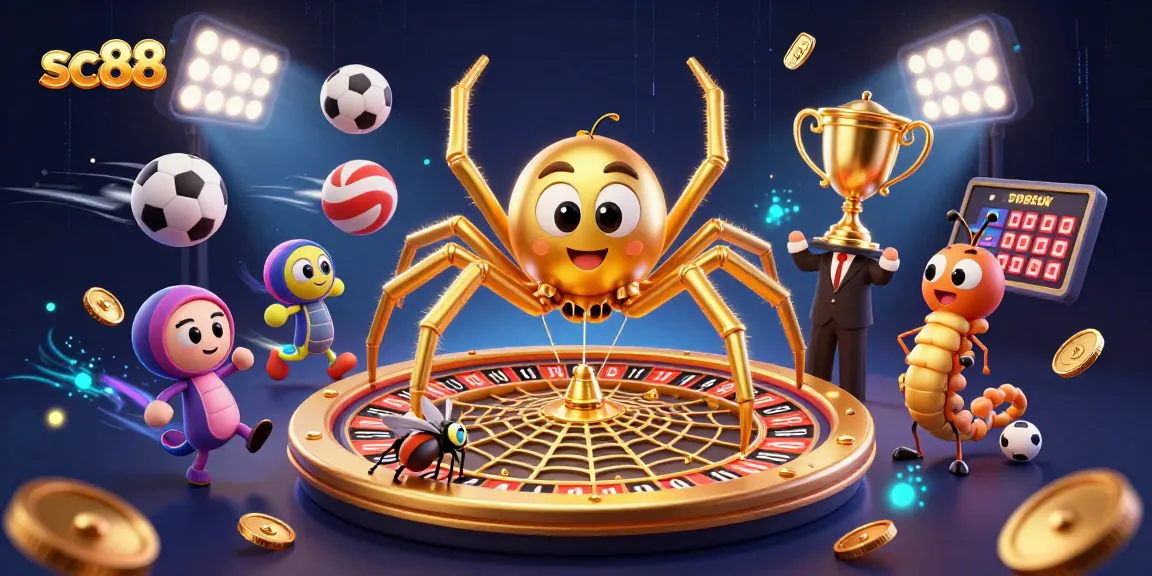 sc88's vibrant casino scene features a golden spider, sports elements, and thrilling betting action.