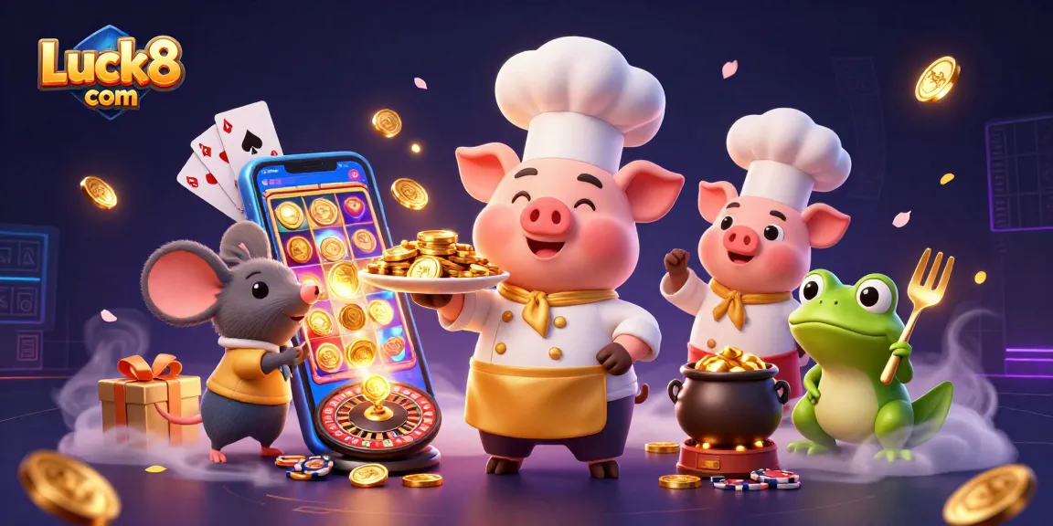 Luck8 com players enjoying vibrant casino games with cartoon characters serving gold coins and dynamic betting elements.