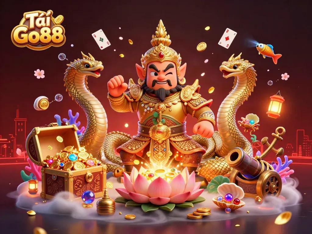 Engage in action-packed gaming with Tải Go88 featuring a vibrant illustration of casino characters and elements.