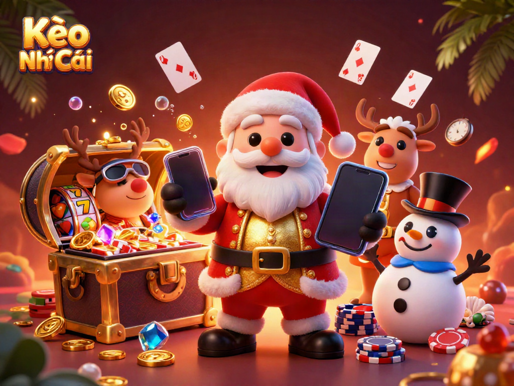 Experience Kèo Nhà Cái dynamics in this vibrant 3D casino scene featuring playful characters and slot elements.
