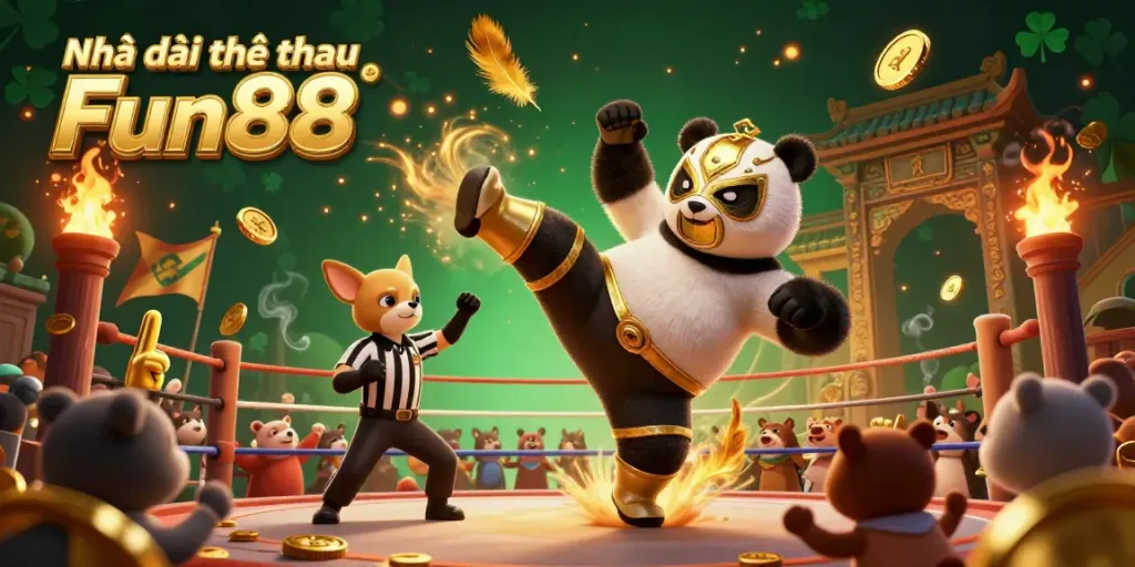 Experience the excitement of betting at Nhà cái thể thao Fun88 with a dynamic 3D scene featuring a golden wrestler panda and cheering animal fans.