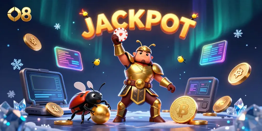 Experience O8's thrilling jackpot as a gladiator beetle claims victory in a vibrant casino scene.