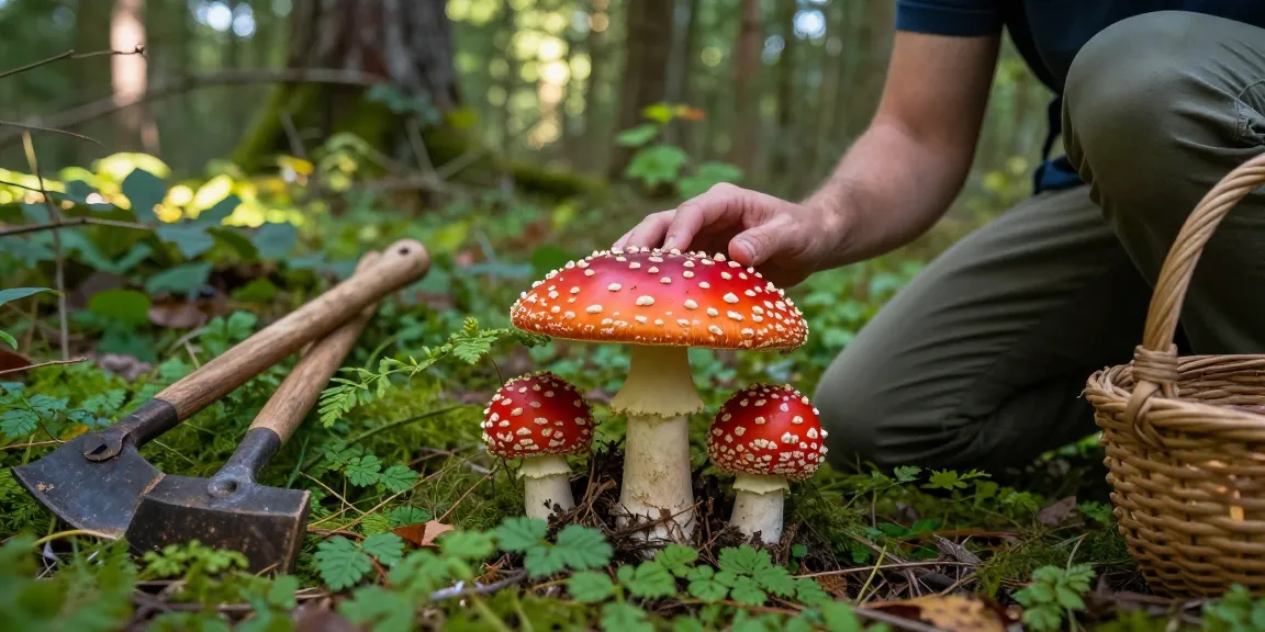 Fliegenpilz kaufen: Naturaufnahme von Amanita Muscaria in einem ruhigen Wald mit einer Person, die sie untersucht.