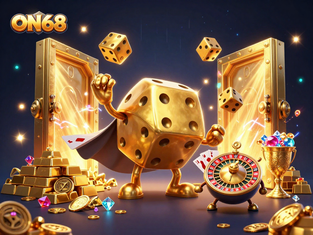 ExperienceON68’s thrill and excitement with golden dice golems and treasure in a vibrant casino scene.