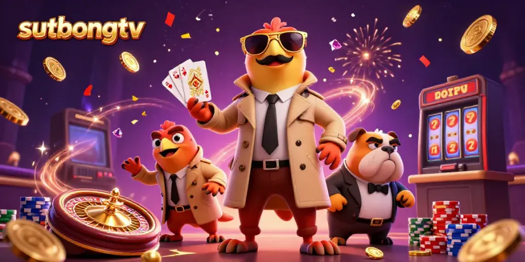 Sutbongtv showcases a vibrant 3D scene with cartoon raptors in a trench coat attempting to enter a VIP casino lounge.