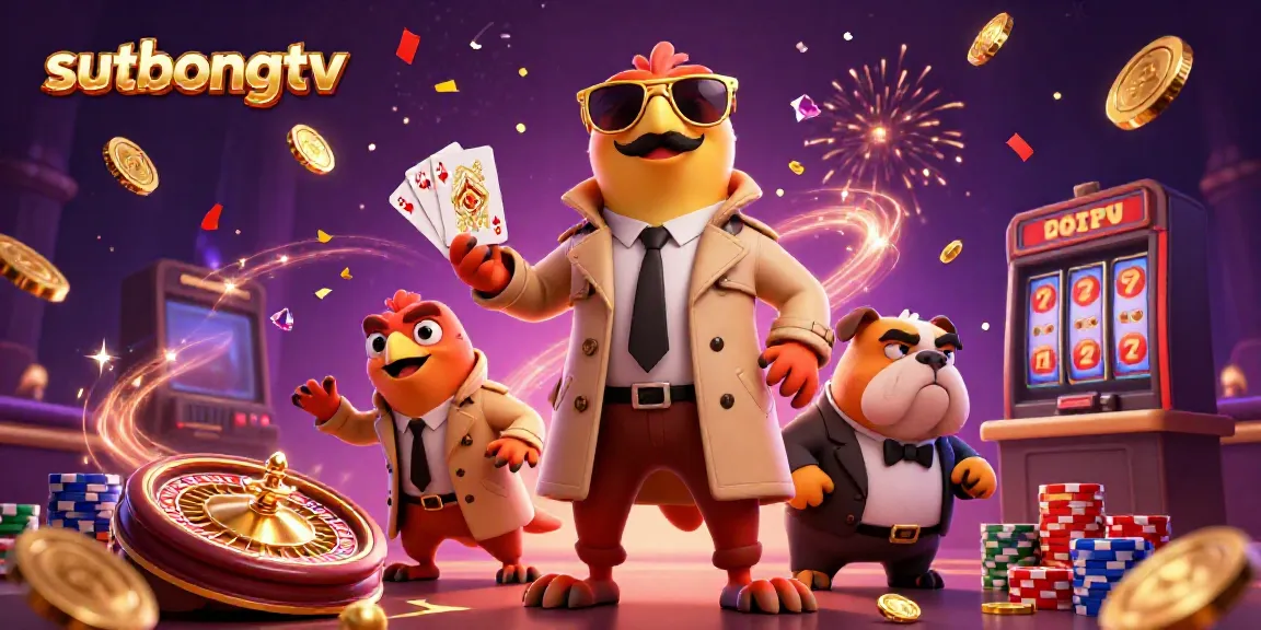 Sutbongtv showcases a vibrant 3D scene with cartoon raptors in a trench coat attempting to enter a VIP casino lounge.