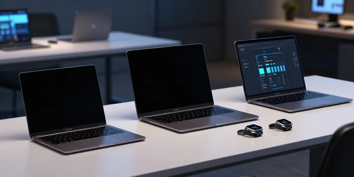 Gadgets auf modernem Arbeitsplatz mit Touchscreen und innovativen Technologien.