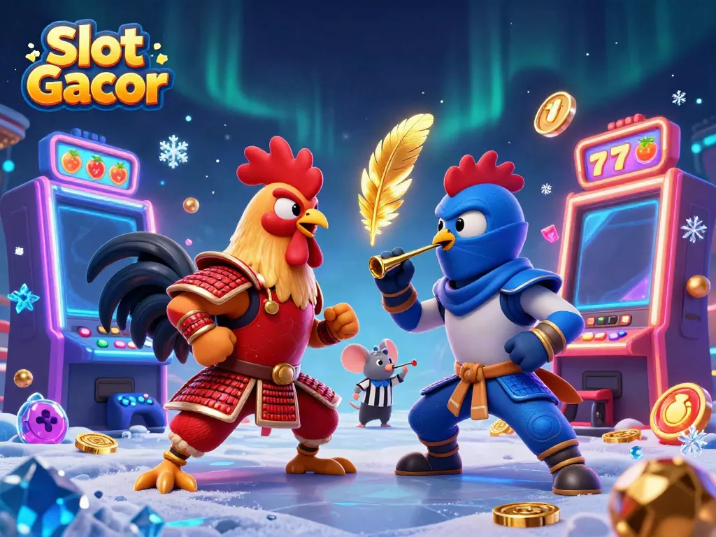 Engage with Slot Gacor in a vibrant 3D battle between fighting roosters amidst thrilling casino elements.