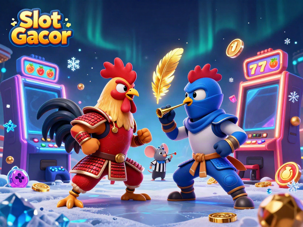 Engage with Slot Gacor in a vibrant 3D battle between fighting roosters amidst thrilling casino elements.