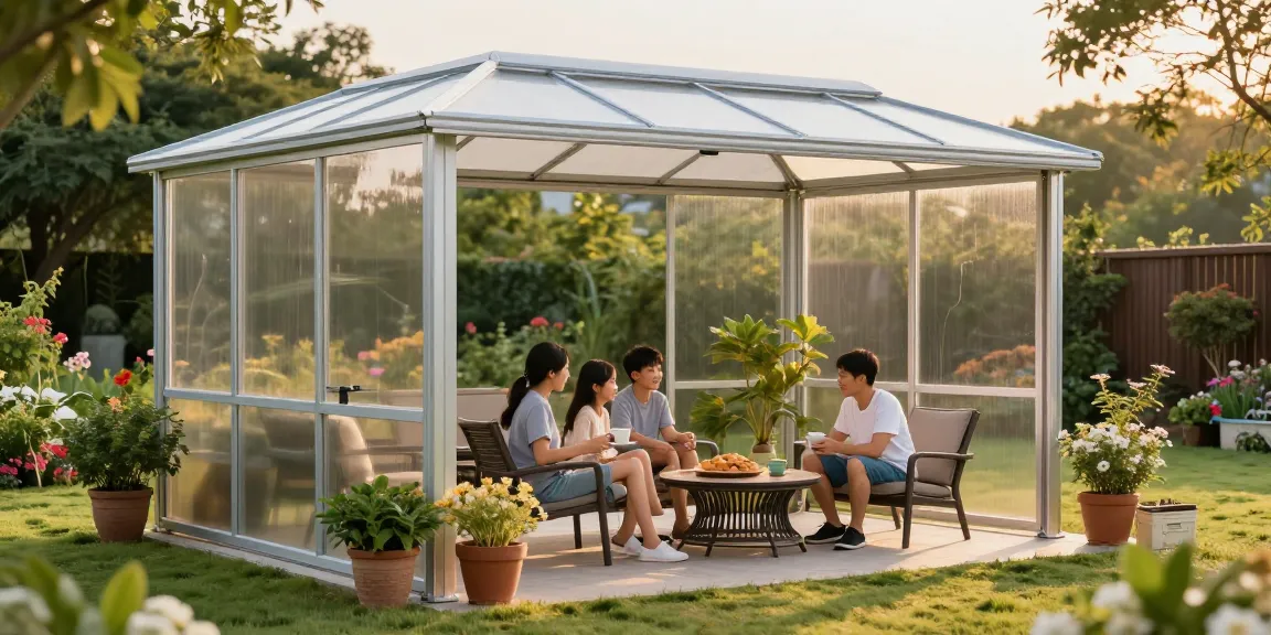 Terrassenüberdachung freistehend aus Aluminium im Garten mit Familie, warmes Licht