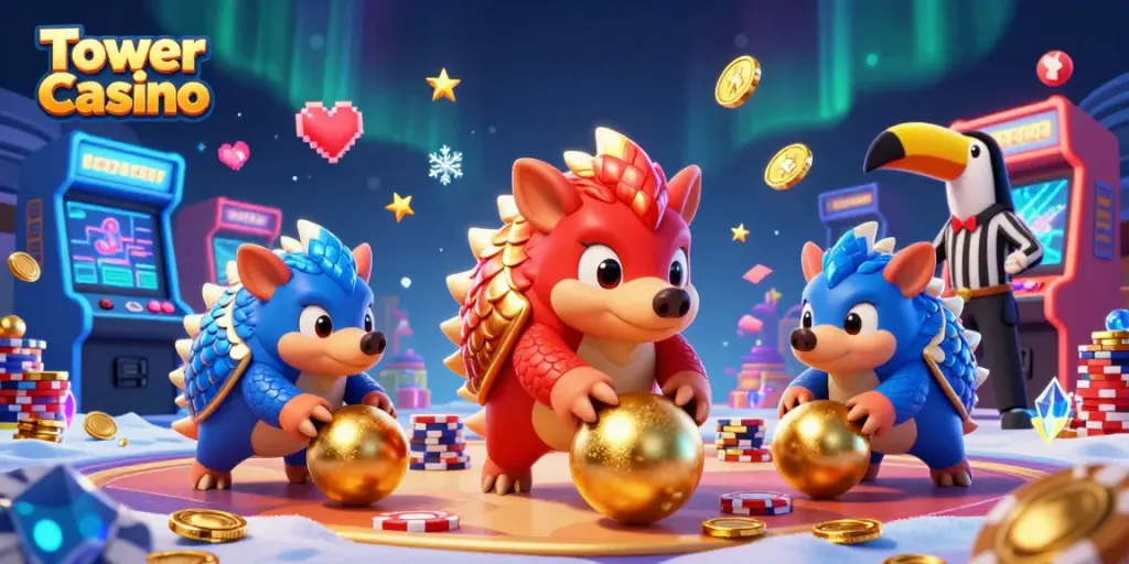 Spielen Sie im Tower Casino: Rivalisierende Pangoline und leuchtende Spielautomaten erzeugen Spielspaß.