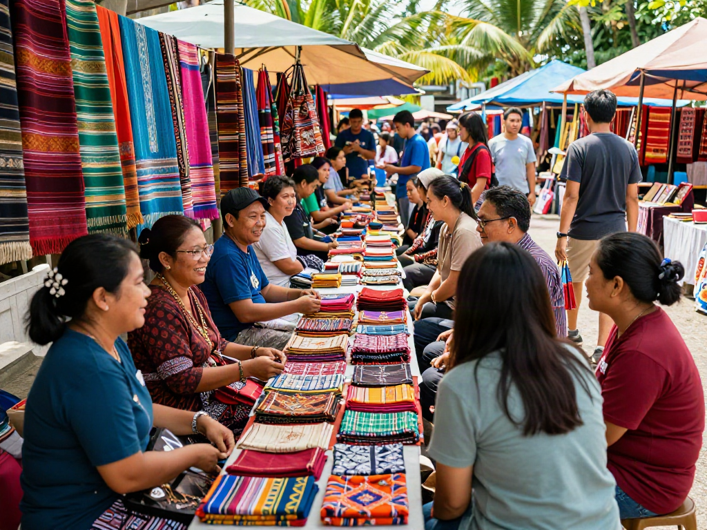 Engaging marketplace scene highlighting rokok88 and local craftspeople showcasing Indonesian products.