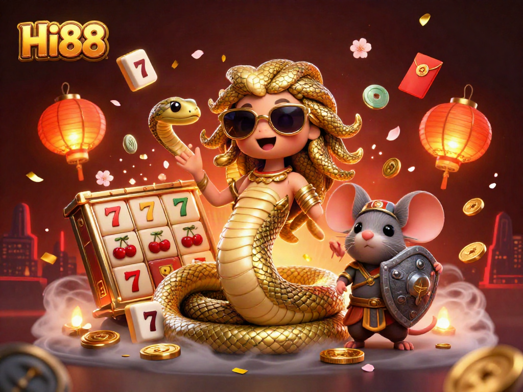 Engage in exciting gaming with Hi88's playful Medusa and warrior mouse amid vibrant casino elements.