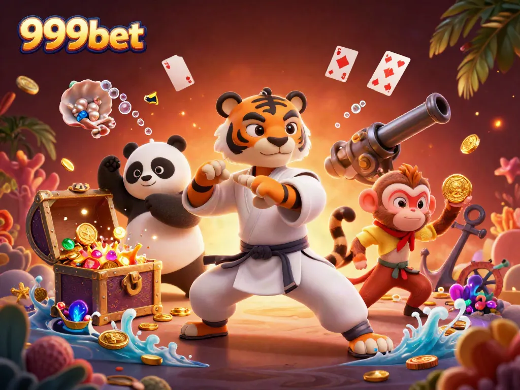 Experience the excitement of 999bet with a vivid 3D scene of a kung fu tiger, panda, and monkey in a dynamic casino setting.