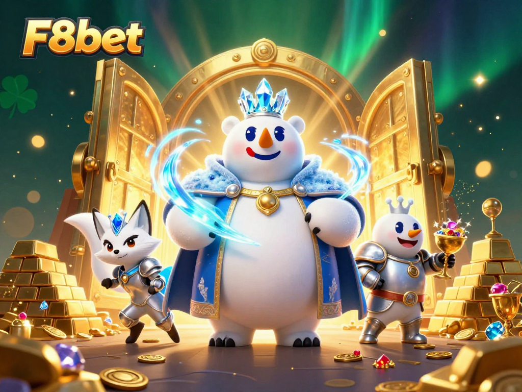 F8bet features a polar bear and snow fox amidst online gaming treasures, creating excitement and allure.