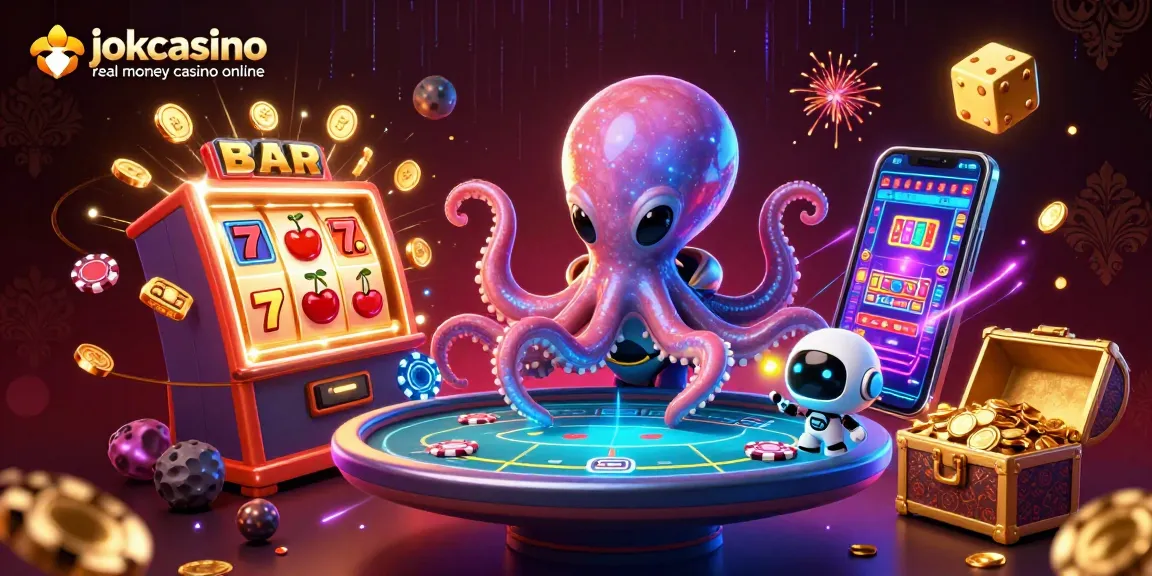 Engage in thrilling games at jokacasino real money casino online with a vibrant 3D scene featuring unique characters.