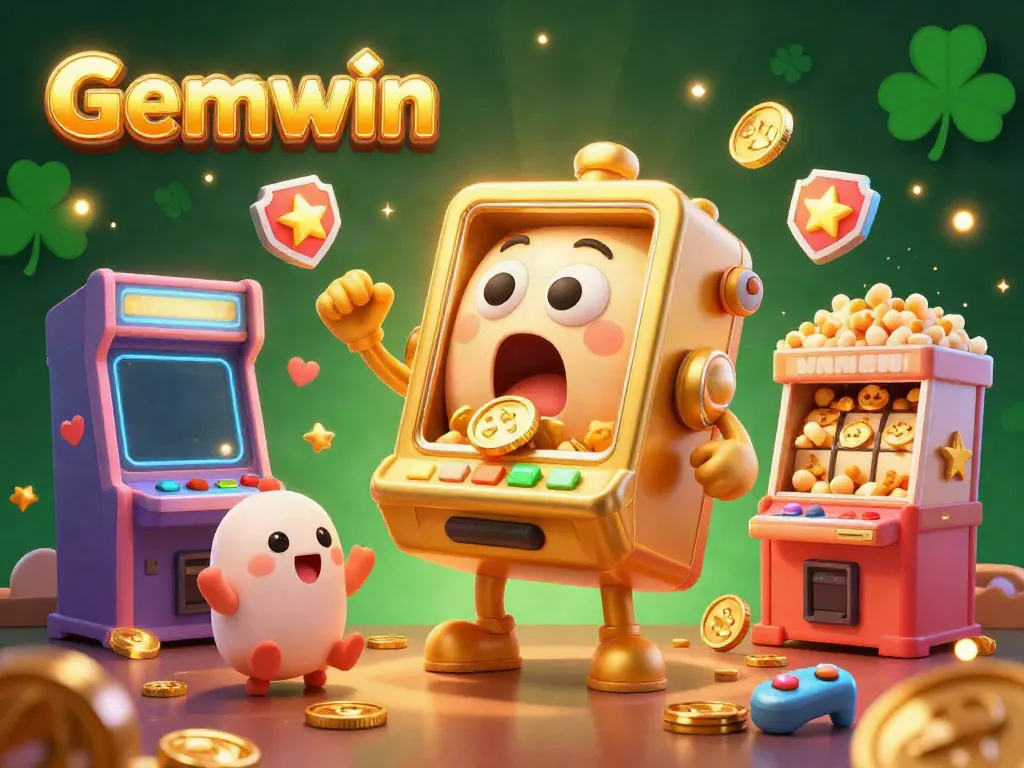 Gemwin slot machine celebrates a jackpot, surrounded by cheering baby machines and gaming elements.