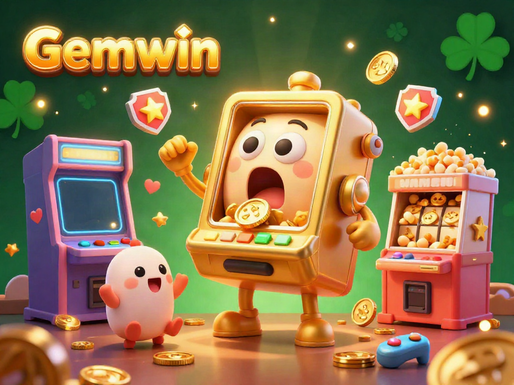 Gemwin slot machine celebrates a jackpot, surrounded by cheering baby machines and gaming elements.