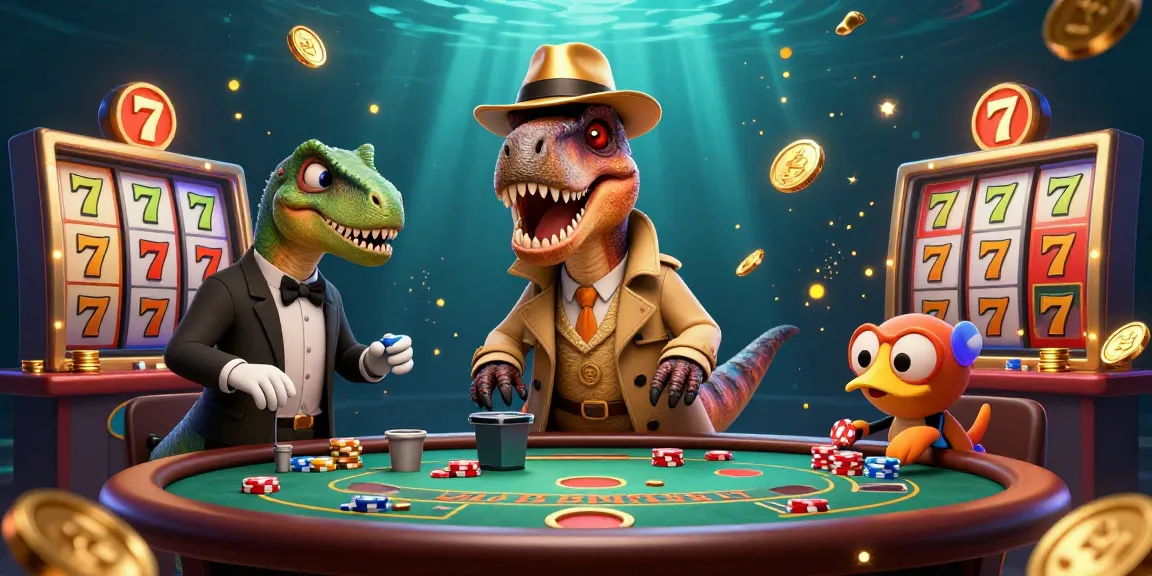 Watch as Hitclub's velociraptor tries its luck at blackjack amidst gold coins and slot reels.