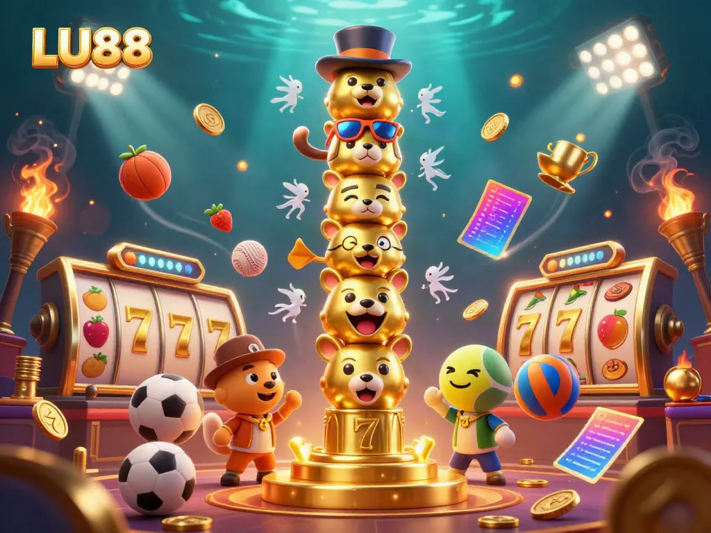 Immersive LU88 casino scene with golden totem and dynamic game elements showcasing thrilling online gambling.