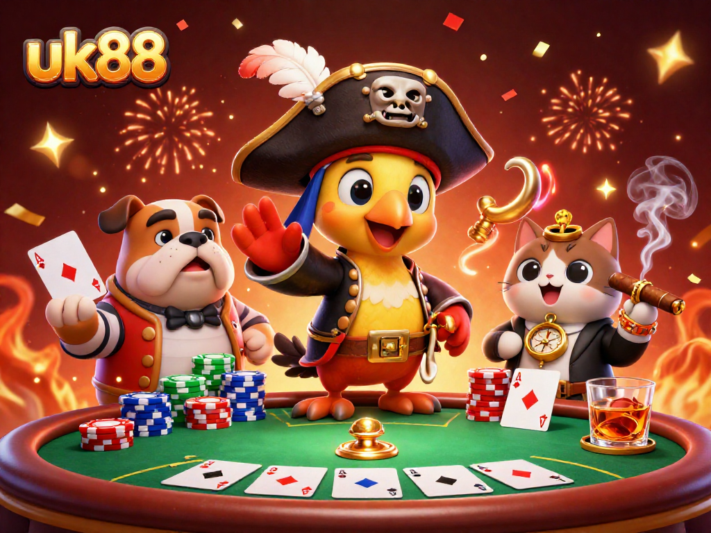Experience excitement at uk88 with a pirate-themed poker adventure, featuring colorful chips and cards.