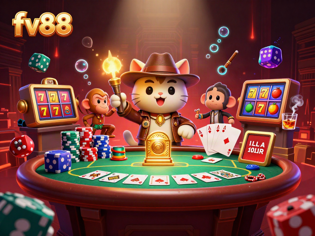 Win big with the fv88 casino experience featuring an adventurous cat and monkey in a treasure hunt.