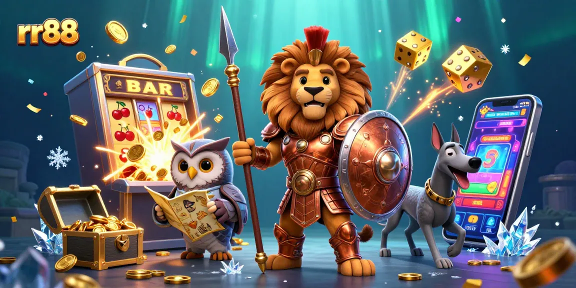 Experience a thrilling jackpot with rr88's 3D illustration showcasing vibrant casino elements and characters.