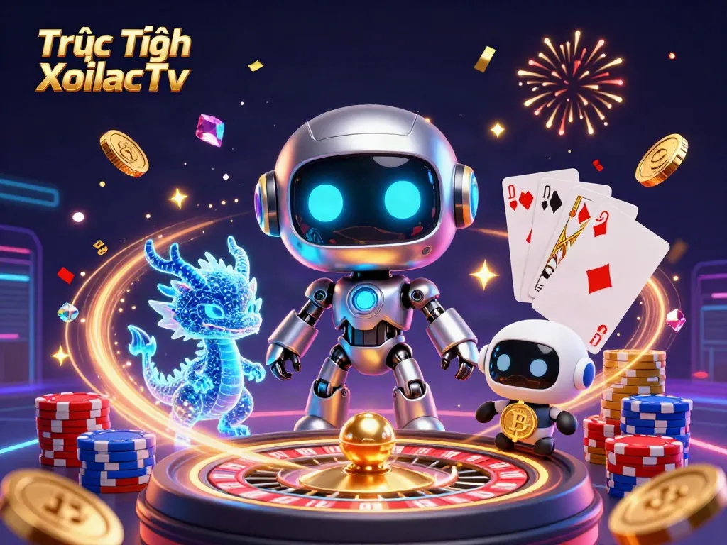 Join the excitement in Trực Tiếp XoilacTv as a cyberpunk robot, AI dragon, and drone celebrate with gold coins and festive confetti.