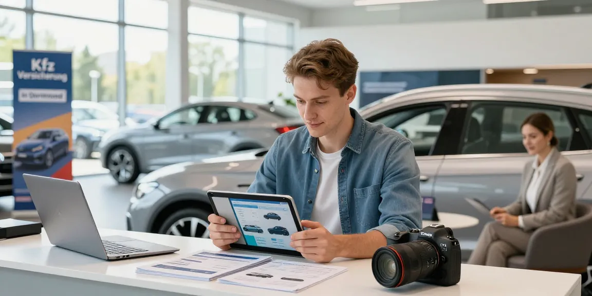 Kfz Versicherung in Dortmund: Freundlicher Berater hilft beim Vergleich von Autoversicherungen in modernem Autohaus.