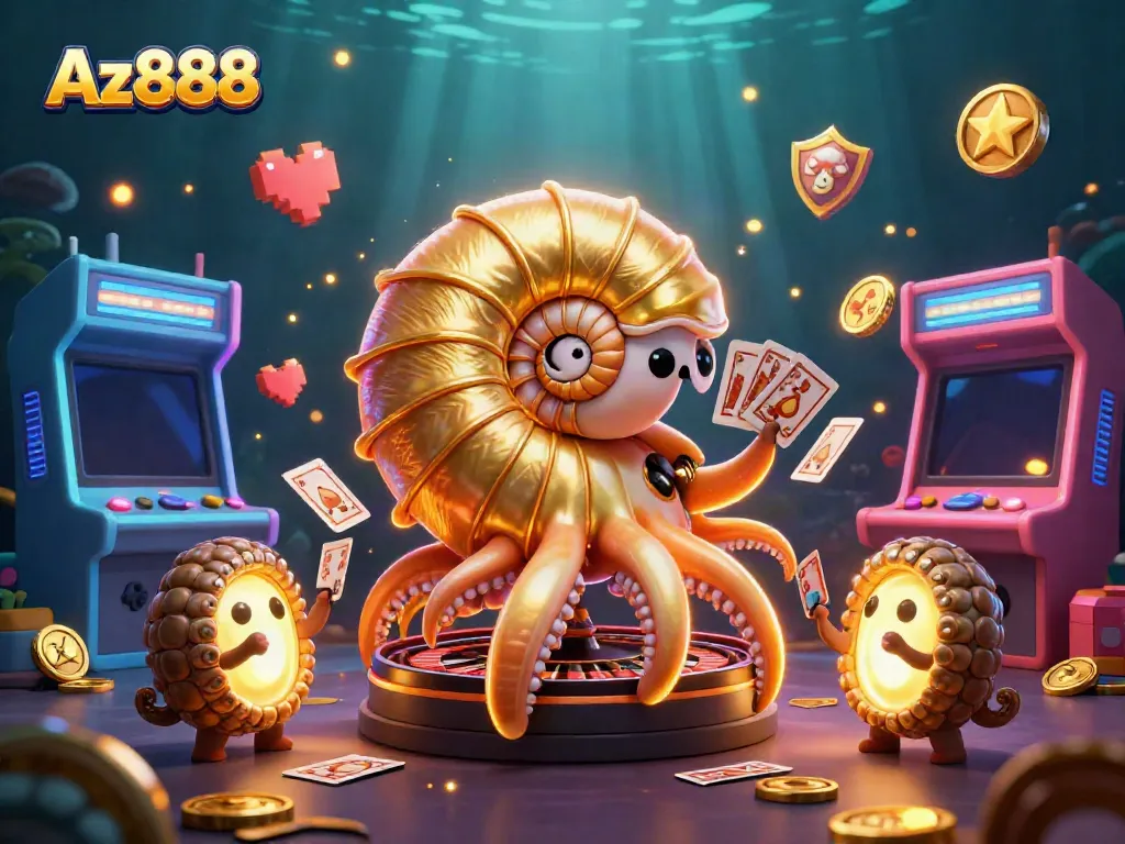 Experience thrilling gameplay at Az888 with a giant nautilus roulette wheel and glowing digital elements.