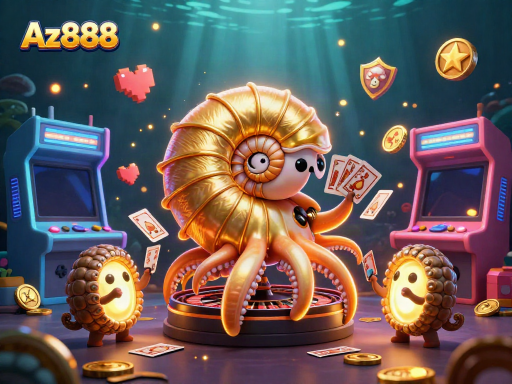 Experience thrilling gameplay at Az888 with a giant nautilus roulette wheel and glowing digital elements.