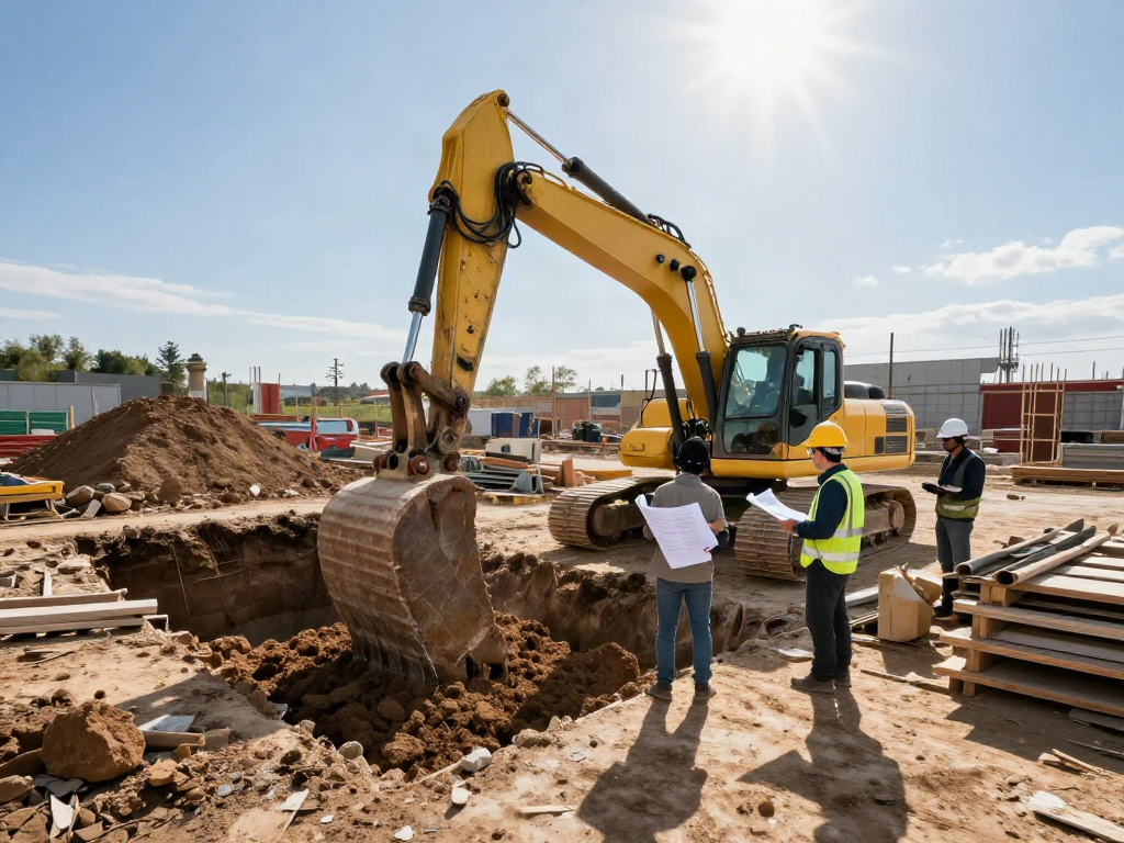 Baugrubensicherung kosten bei der Aushubarbeit mit Bauarbeitern und Maschinen auf der Baustelle