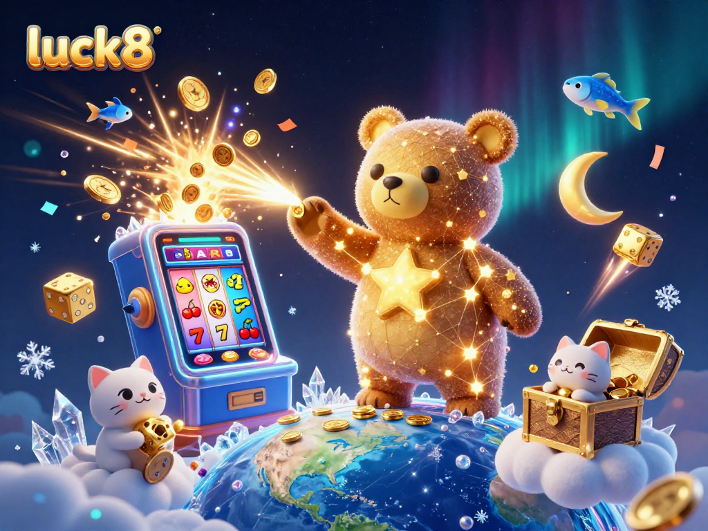 Engage with luck8's animated casino world in a sparkling illustration of winning jackpots.