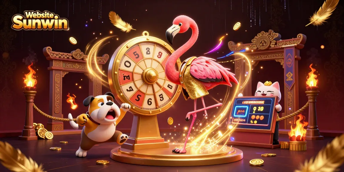 Spin the giant prize wheel at Website Sunwin with the animated flamingo host and excited bulldog contestant in a vibrant casino atmosphere.