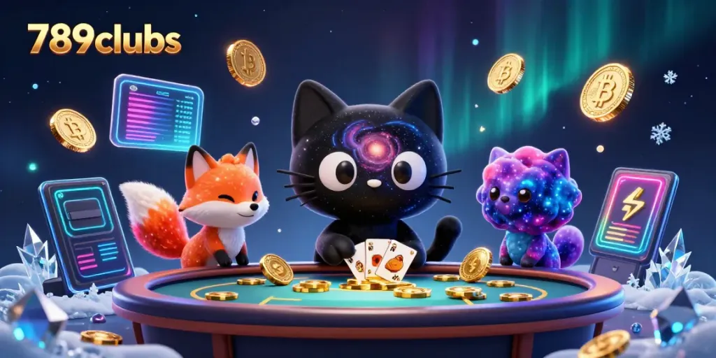 Experience the thrilling world of 789clubs with a cosmic casino scene featuring a black hole cat and colorful gas cloud fox.