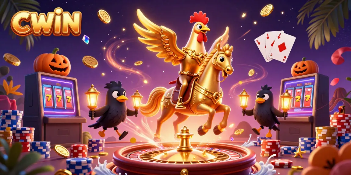 Experience the winning action at CWIN Casino featuring golden rooster, spectral horse, and gaming excitement.