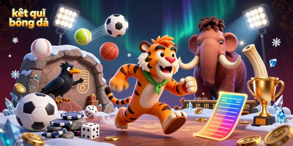 Engaging scene showcasing kết quả bóng đá with playful caveman, sabertooth tiger, and crow operating a prehistoric casino.