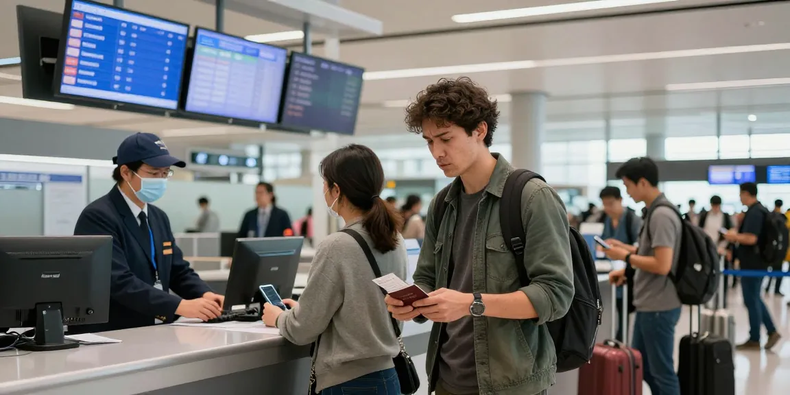 Festnahme am Flughafen verhindern: Reisender zeigt Besorgnis am Check-in.