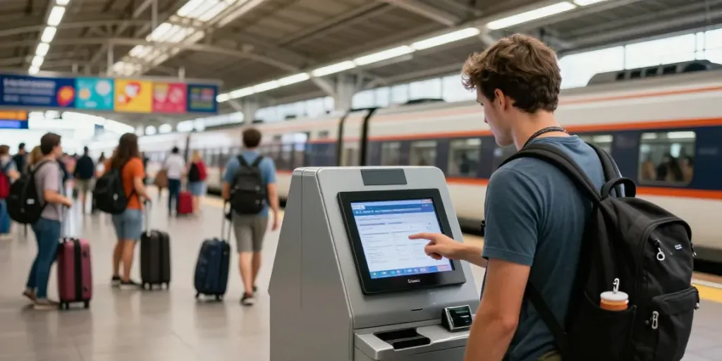 Wie kauft man Zugtickets online - Reisender an Ticketkiosk in belebtem Bahnhof