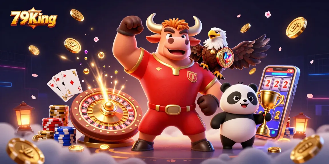 Experience thrilling wins with 79King in this vibrant casino scene featuring a bull mascot and joyful panda.