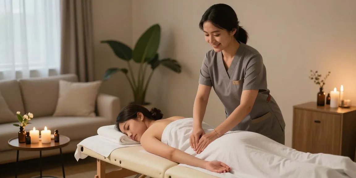 송파출장안마 with a professional massage therapist preparing a cozy home setting for an in-home massage service.