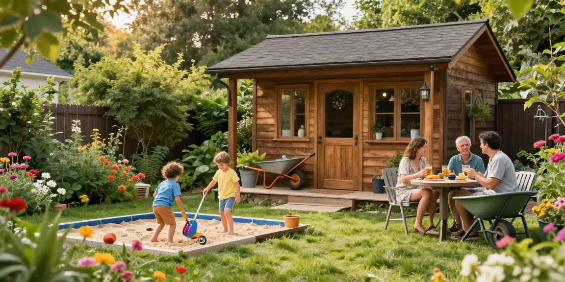 Schönes Gartenhaus aus Holz in einem einladenden Garten, umgeben von Blumen und einer spielenden Familie.
