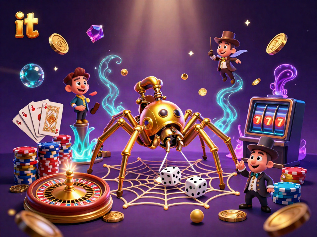Engage in thrilling gameplay at it with the golden spider capturing dice amid casino riches.