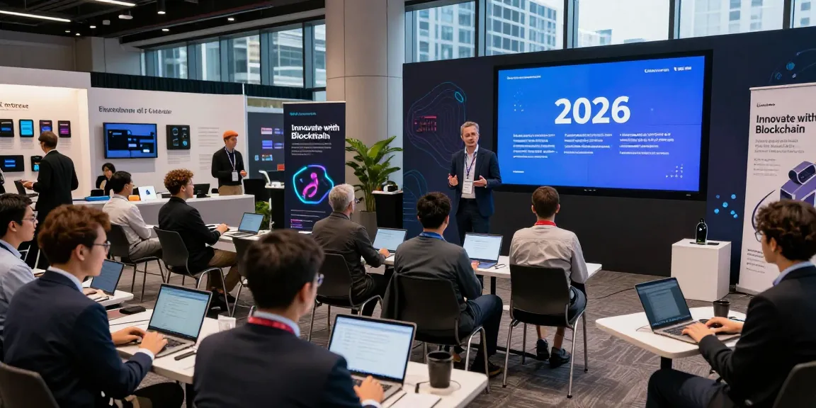 Engaging blockchain 2026 conference with diverse attendees discussing innovations and new technologies.