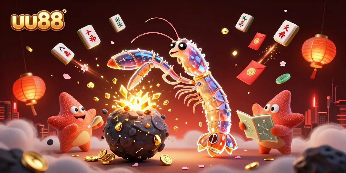 uu88 casino scene where a heroic mantis shrimp battles gems and coins in a vibrant backdrop