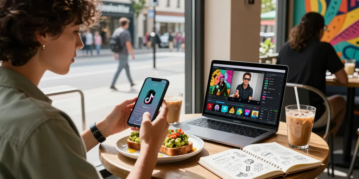 TikTok Follower kaufen – Influencer in modernem Café bei der Erstellung spannender Inhalte.