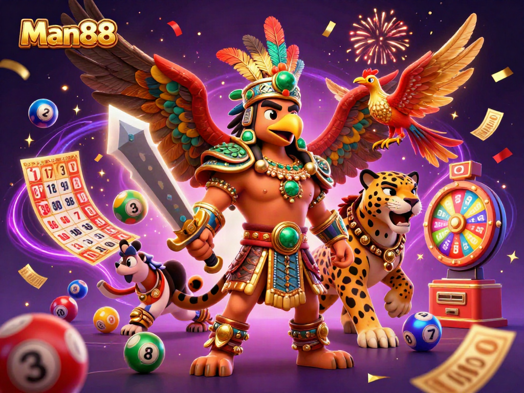 Win big with Man88’s vibrant 3D illustration showcasing an Aztec warrior, lottery elements, and a dynamic scene.