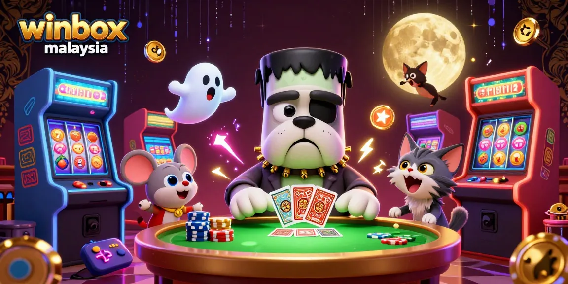 Winbox Malaysia showcases exciting casino elements with a bulldog monster dealing cards at a spooky table.
