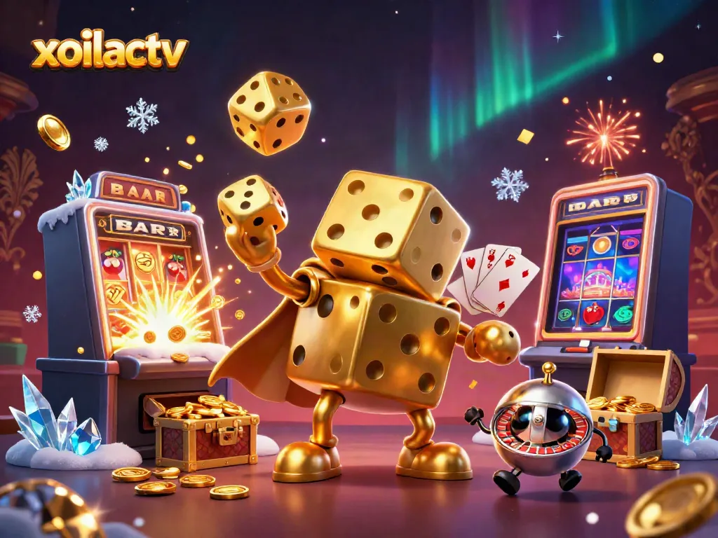 Xoilactv engages with a dynamic 3D casino scene showcasing golden dice, slot machines, and jackpot features.