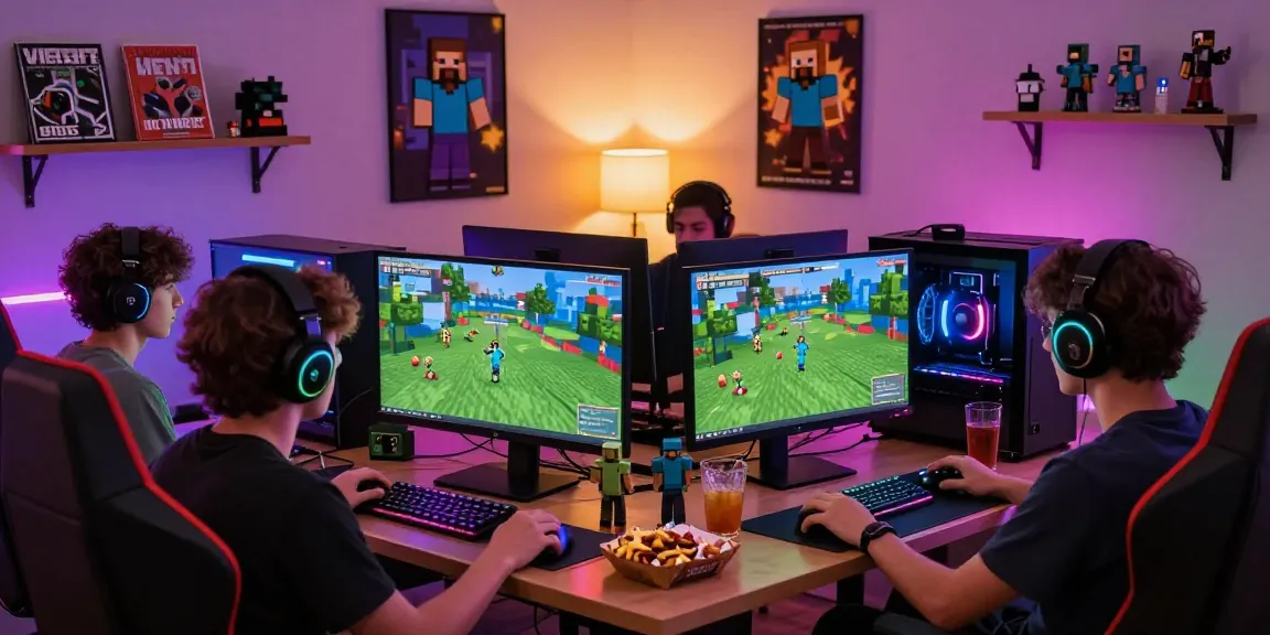 Przyjaciele grają na serwerze Minecraft, obok komputera z kolorowym oświetleniem RGB.